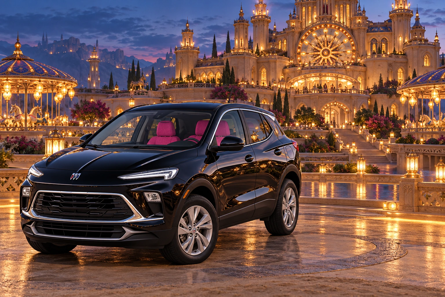 Stormy’s black Skydancer — 2025 Buick Encore GX. Black Buick at Lanternwheel Chateau. Fictional automotive artwork.