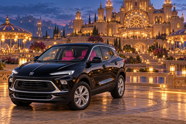 Stormy’s black Skydancer — 2025 Buick Encore GX. Black Buick at Lanternwheel Chateau. Fictional automotive artwork.