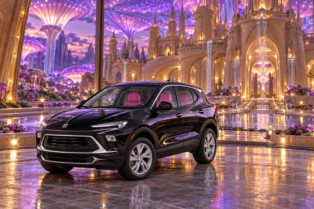 Stormy’s black Skydancer — 2025 Buick Encore GX. Black Buick at Château Mycelune. Fictional automotive artwork.
