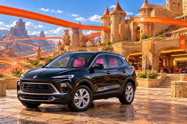 Stormy’s black Skydancer — 2025 Buick Encore GX. Black Buick at Saffron Switchback Keep. Fictional automotive artwork.