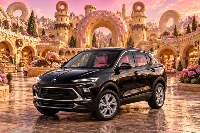 Stormy’s black Skydancer — 2025 Buick Encore GX. Black Buick at Donutopia’s Doughnut Castle. Fictional automotive artwork.