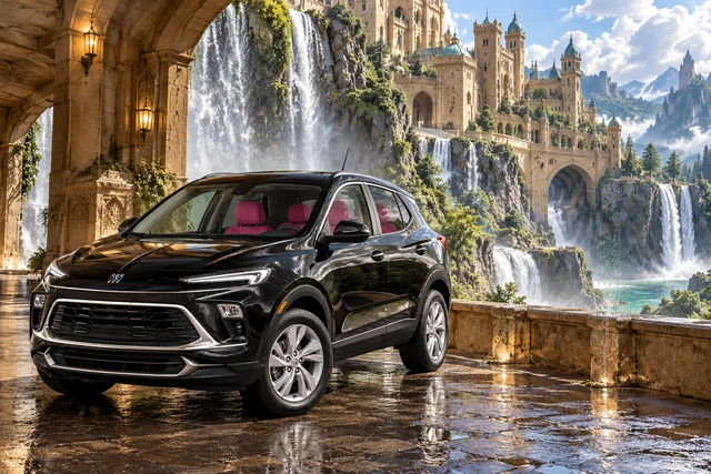 Stormy’s black Skydancer — 2025 Buick Encore GX. Black Buick at Waterfall Castle. Fictional automotive artwork.
