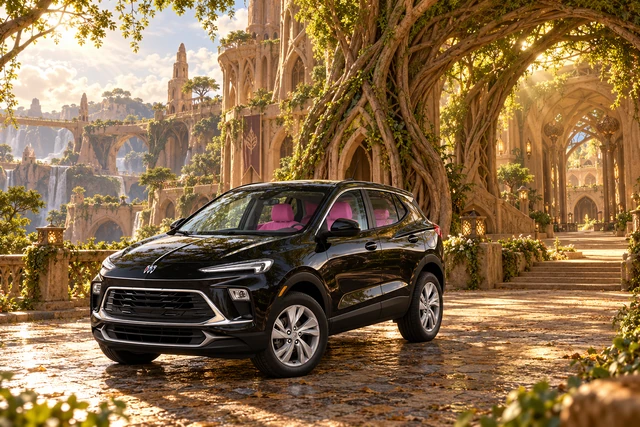 Stormy’s black Skydancer — 2025 Buick Encore GX. Black Buick Beneath Rootbound’s Living Arch. Fictional automotive artwork.