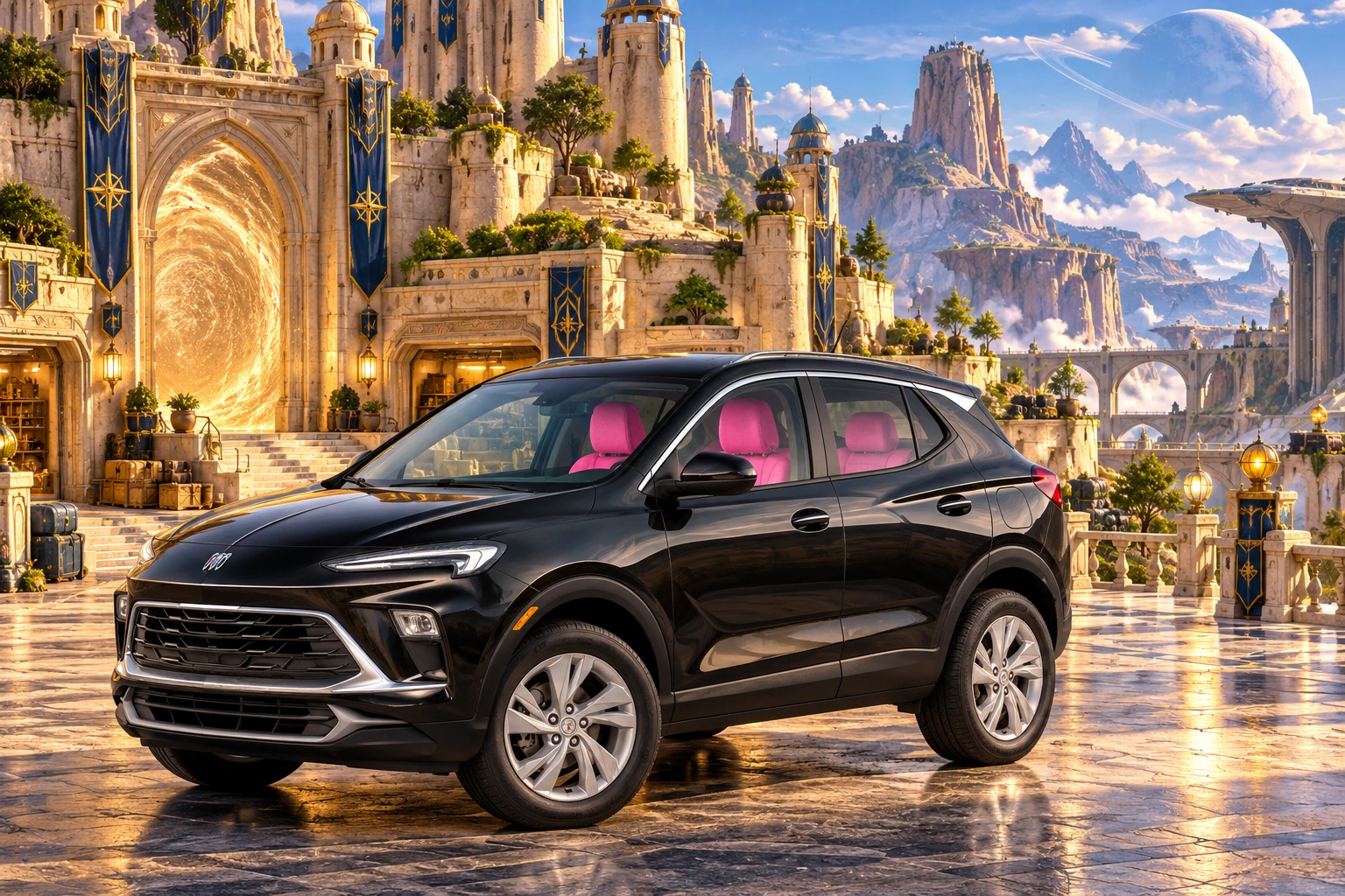 Stormy’s black Skydancer — 2025 Buick Encore GX. Black Buick at Wayfarer’s Pocket Keep. Fictional automotive artwork.