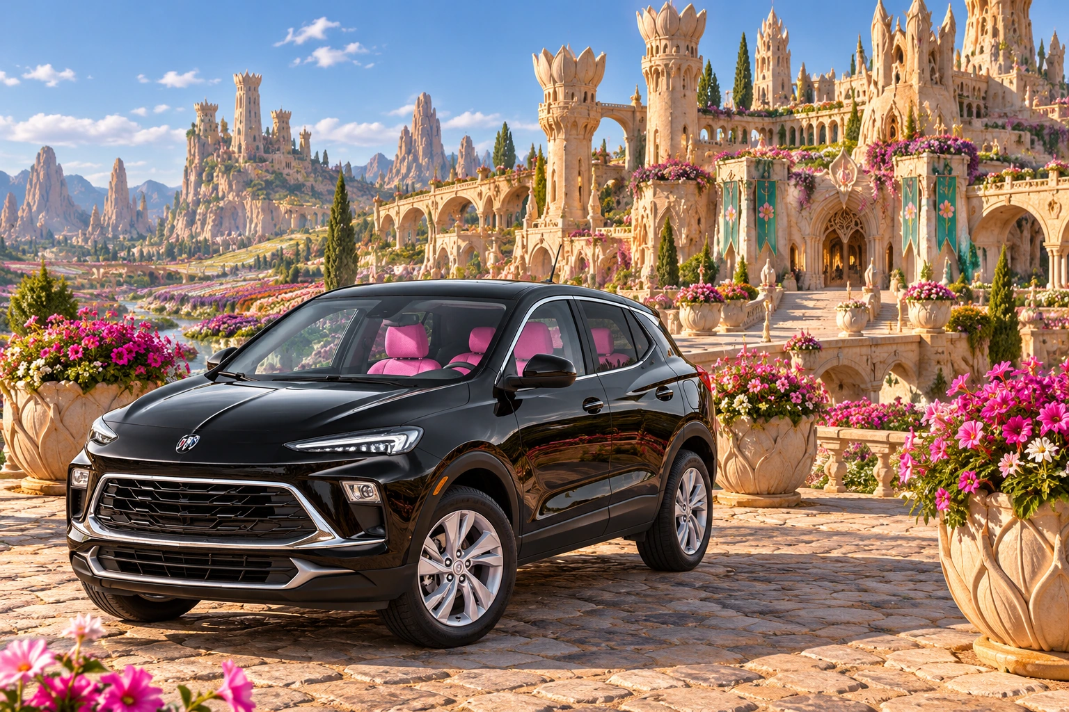 Stormy’s black Skydancer — 2025 Buick Encore GX. Black Buick at Château Millefleur. Fictional automotive artwork.