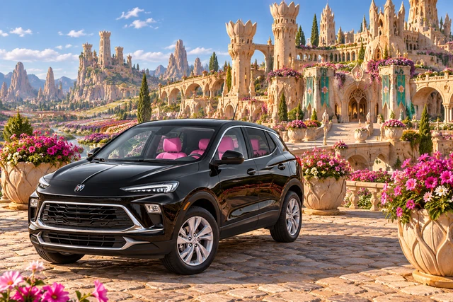 Stormy’s black Skydancer — 2025 Buick Encore GX. Black Buick at Château Millefleur. Fictional automotive artwork.