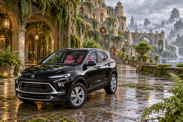 Stormy’s black Skydancer — 2025 Buick Encore GX. Black Buick at the Quiet Fern Court. Fictional automotive artwork.