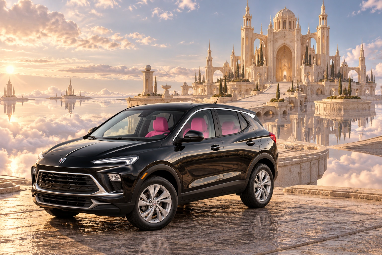 Stormy’s black Skydancer — 2025 Buick Encore GX. Black Buick at Mercurial’s Twin-Sky Palace. Fictional automotive artwork.
