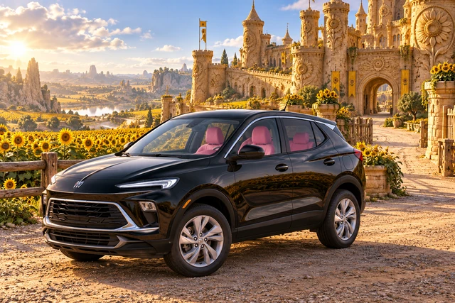 Stormy’s black Skydancer — 2025 Buick Encore GX. Black Buick at Château Hélianthe. Fictional automotive artwork.
