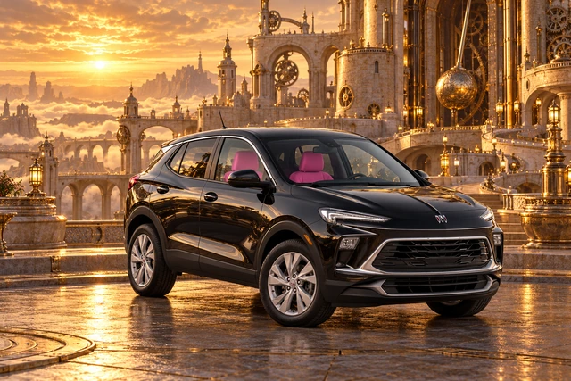Stormy’s black Skydancer — 2025 Buick Encore GX. Black Buick at Pendulum’s Clockwork Castle. Fictional automotive artwork.
