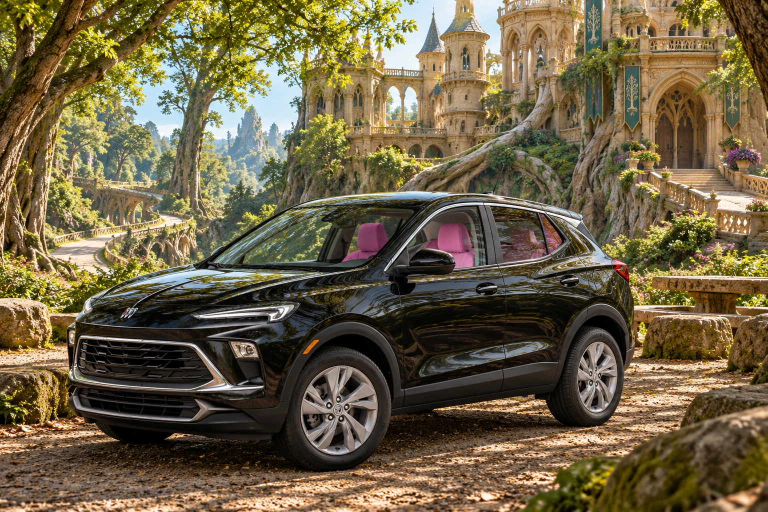 Stormy’s black Skydancer — 2025 Buick Encore GX. Black Buick at Château Sylvestrine. Fictional automotive artwork.