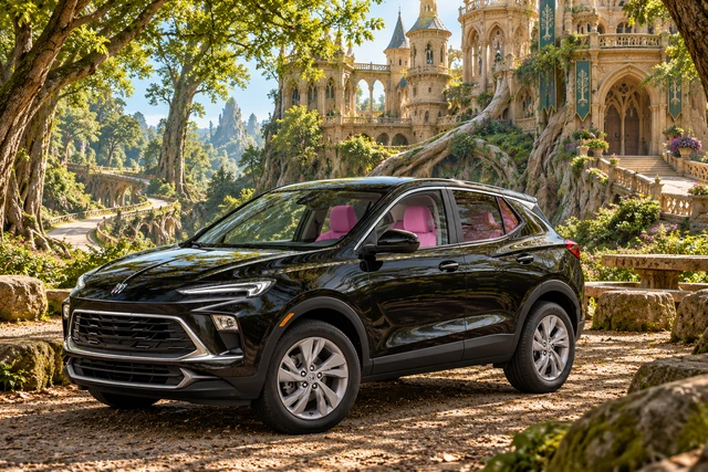 Stormy’s black Skydancer — 2025 Buick Encore GX. Black Buick at Château Sylvestrine. Fictional automotive artwork.