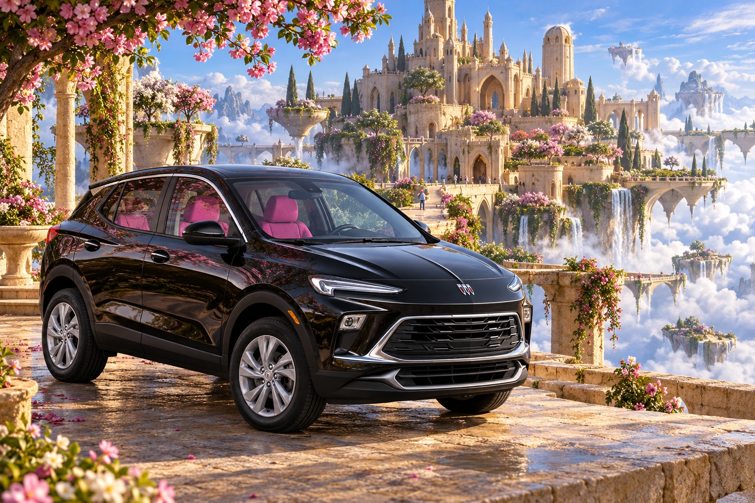Stormy’s black Skydancer — 2025 Buick Encore GX. Black Buick at Aeris Garden’s Sky Castle. Fictional automotive artwork.