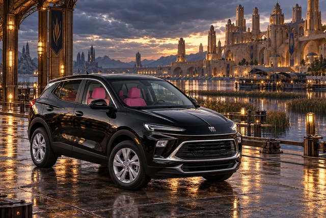 Stormy’s black Skydancer — 2025 Buick Encore GX. Black Buick at Château Reedhaven. Fictional automotive artwork.