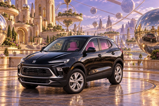 Stormy’s black Skydancer — 2025 Buick Encore GX. Black Buick at Orbitalis Pavilion. Fictional automotive artwork.