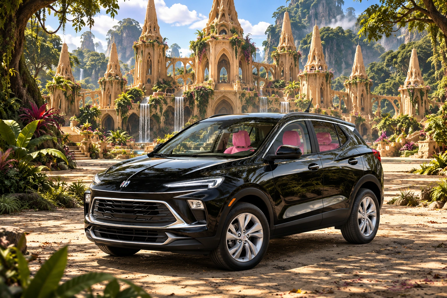 Stormy’s black Skydancer — 2025 Buick Encore GX. Black Buick at Ninefold Pavilion. Fictional automotive artwork.