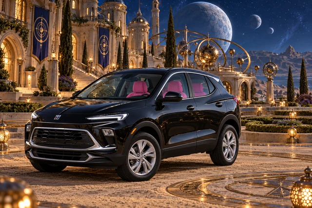 Stormy’s black Skydancer — 2025 Buick Encore GX. Black Buick beneath the Orrery moons. Fictional automotive artwork.