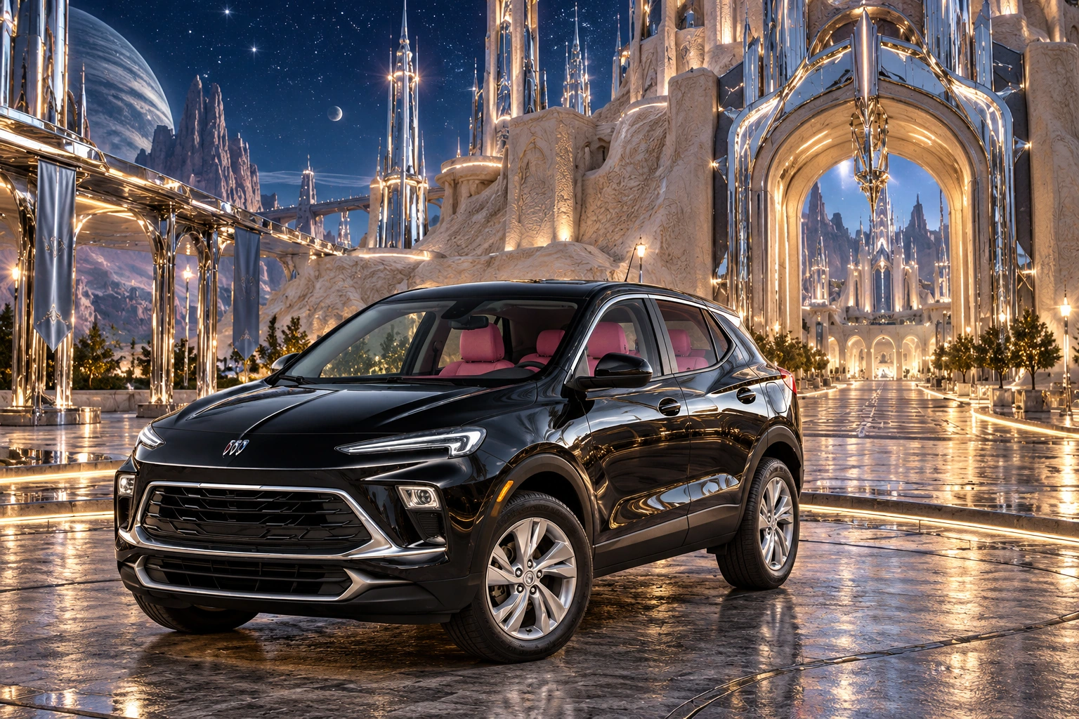 Stormy’s black Skydancer — 2025 Buick Encore GX. Black Buick at Château Argentveil. Fictional automotive artwork.