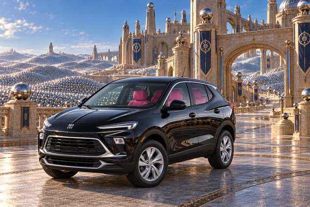 Stormy’s black Skydancer — 2025 Buick Encore GX. Black Buick at Ballbearing’s Stillpoint Citadel. Fictional automotive artwork.