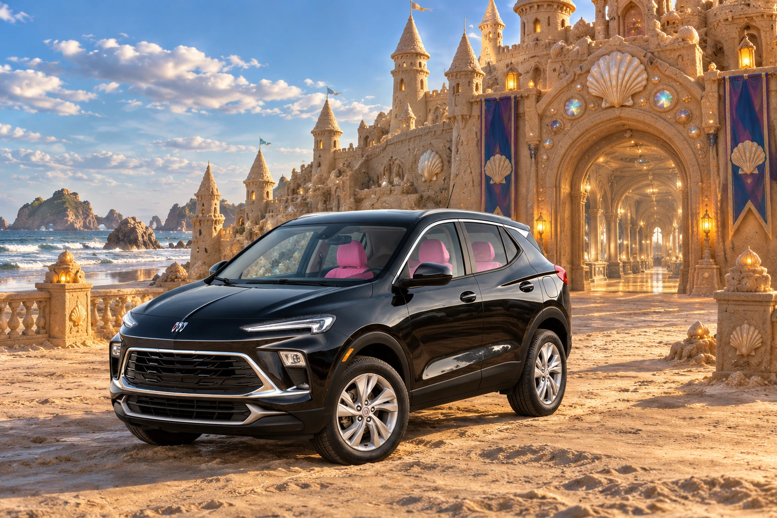 Stormy’s black Skydancer — 2025 Buick Encore GX. Black Buick at the First Castle. Fictional automotive artwork.