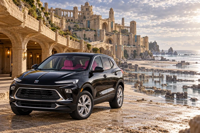 Stormy’s black Skydancer — 2025 Buick Encore GX. Black Buick beneath Highwater Keep. Fictional automotive artwork.