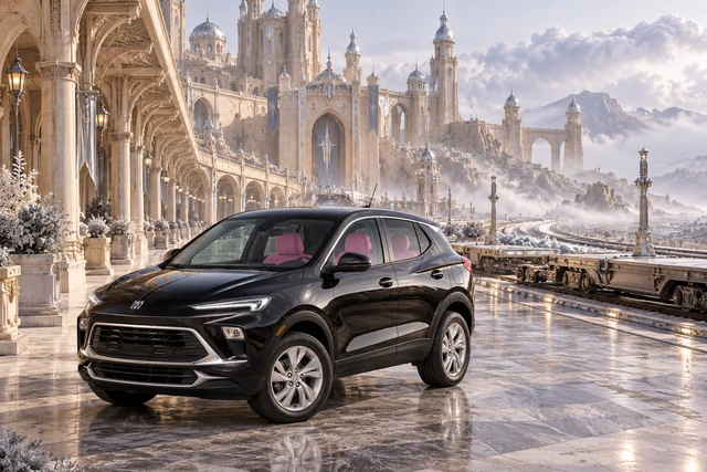 Stormy’s black Skydancer — 2025 Buick Encore GX. Black Buick at Château Silverline. Fictional automotive artwork.