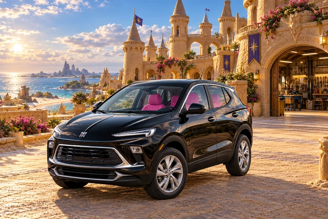 Stormy’s black Skydancer — 2025 Buick Encore GX. Black Buick at the Welcome Keep. Fictional automotive artwork.