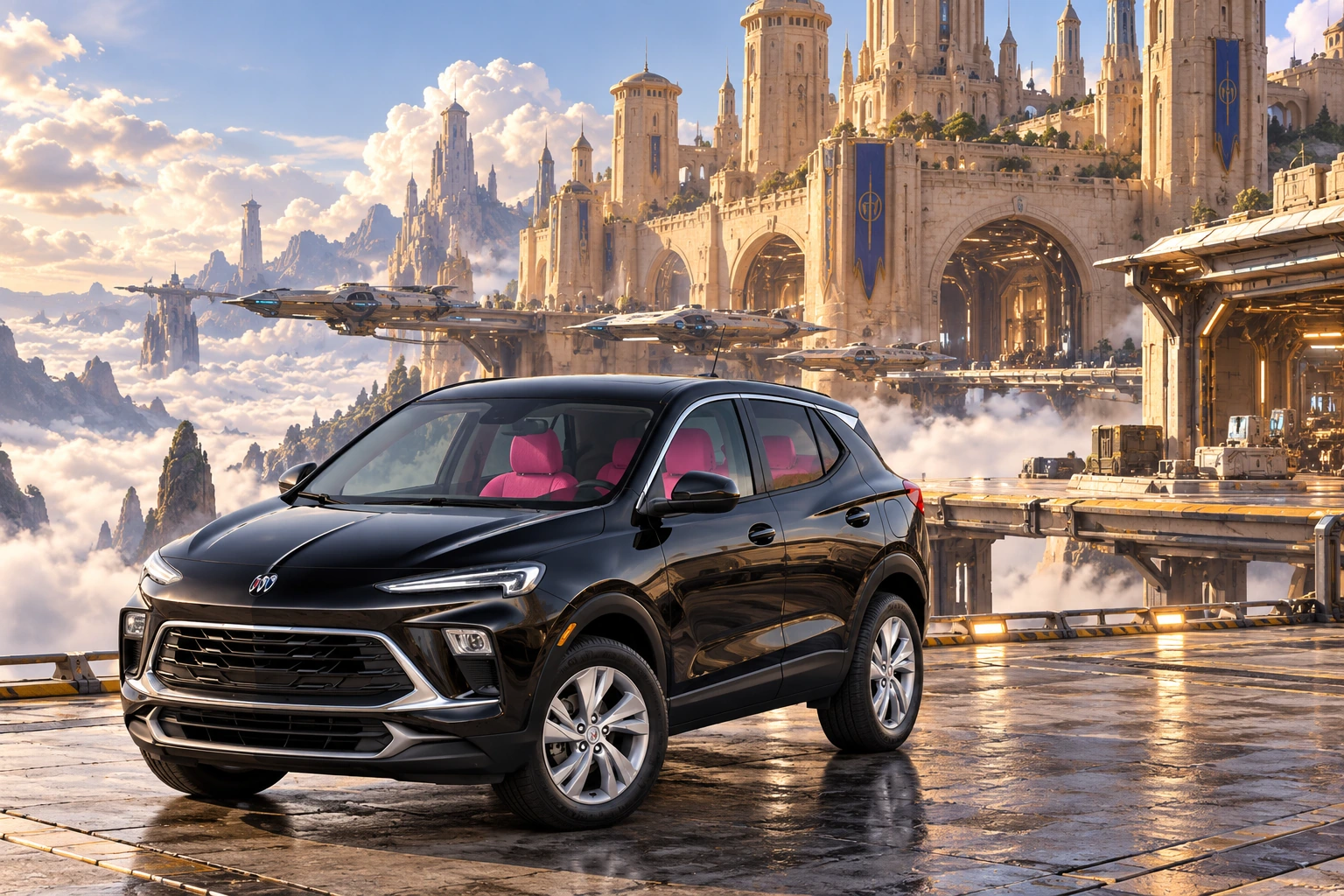 Stormy’s black Skydancer — 2025 Buick Encore GX. Black Buick at Sky Foundry Castle. Fictional automotive artwork.