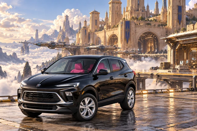 Stormy’s black Skydancer — 2025 Buick Encore GX. Black Buick at Sky Foundry Castle. Fictional automotive artwork.