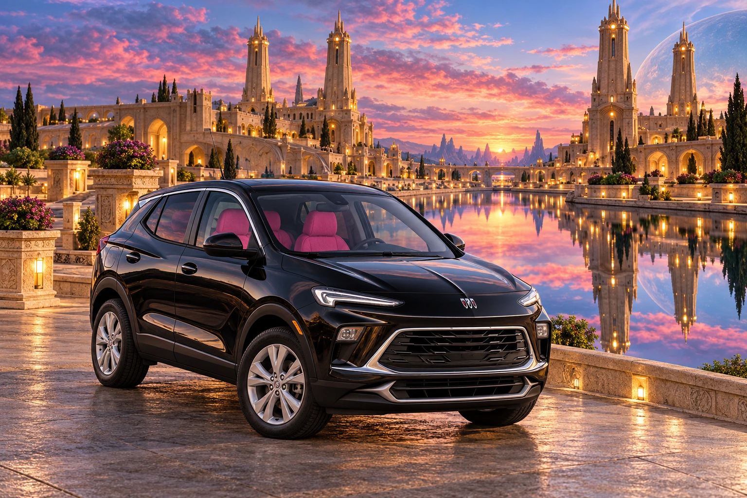 Stormy’s black Skydancer — 2025 Buick Encore GX. Black Buick beside Twin-Sky Keep. Fictional automotive artwork.