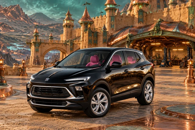 Stormy’s black Skydancer — 2025 Buick Encore GX. Black Buick at Château Verdigris. Fictional automotive artwork.