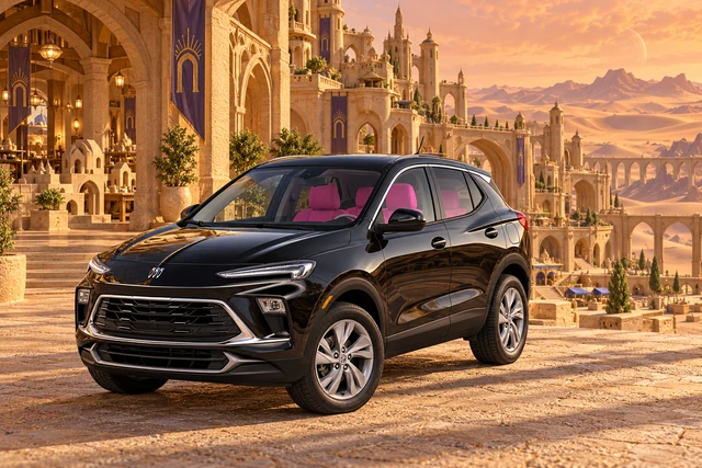 Stormy’s black Skydancer — 2025 Buick Encore GX. Black Buick at Dunara’s Thousand-Arch Castle. Fictional automotive artwork.
