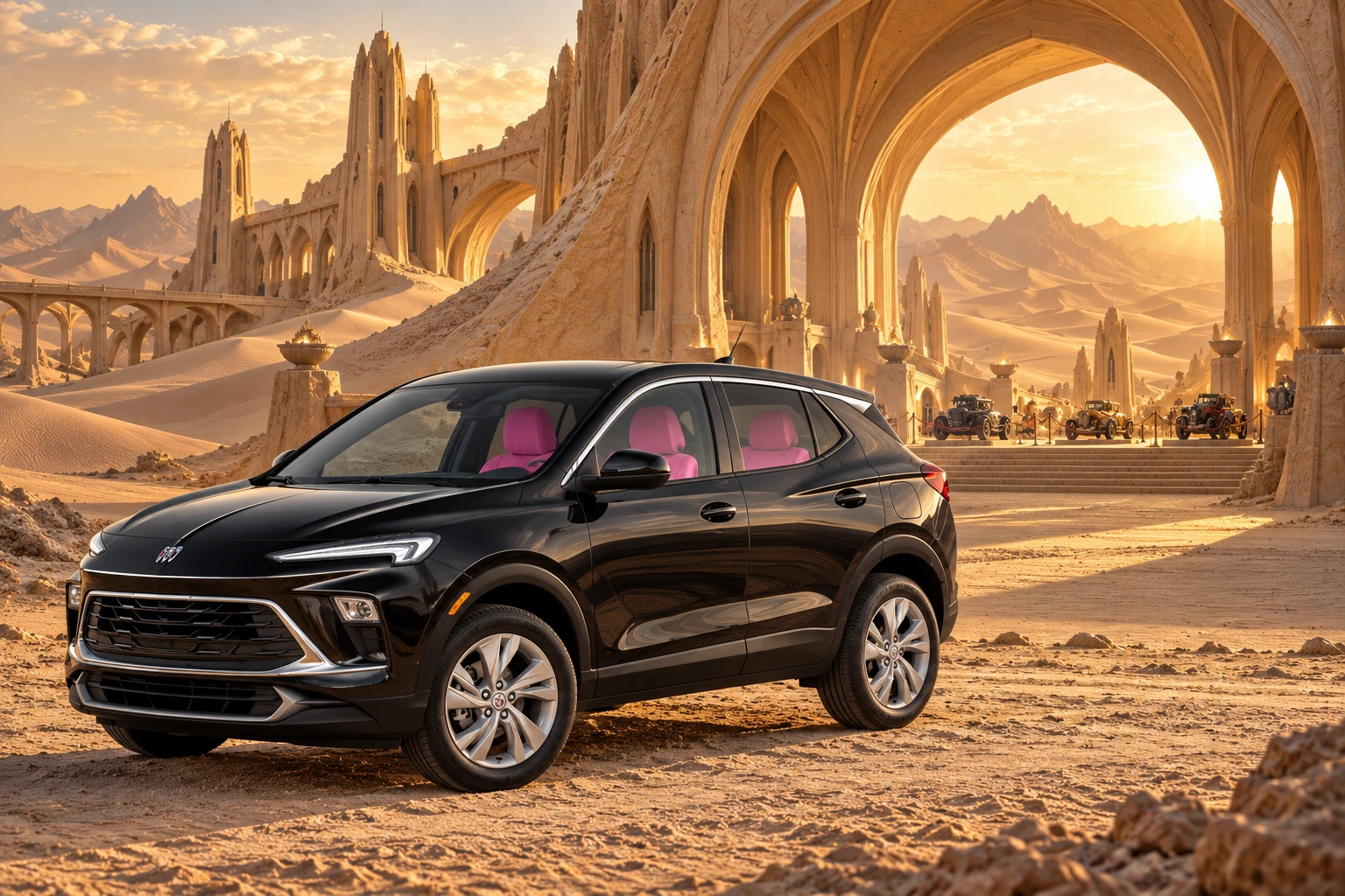 Stormy’s black Skydancer — 2025 Buick Encore GX. Black Buick Beneath Dune Cathedral’s Open Arch. Fictional automotive artwork.