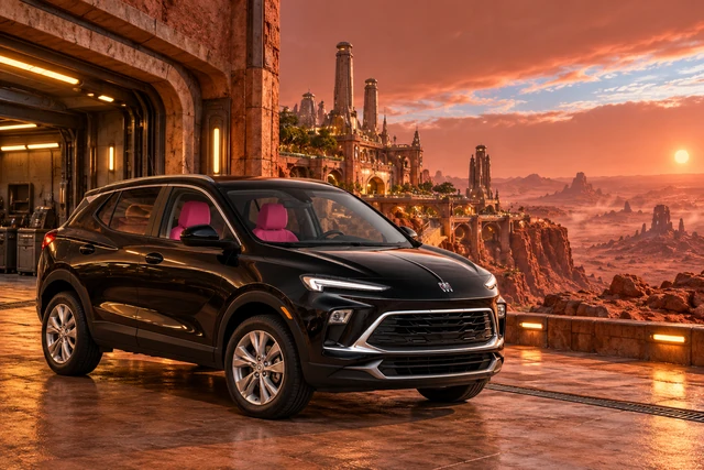 Stormy’s black Skydancer — 2025 Buick Encore GX. Black Buick at Rustlight Refuge. Fictional automotive artwork.