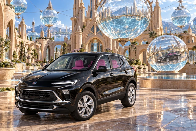 Stormy’s black Skydancer — 2025 Buick Encore GX. Black Buick at Pearlwater’s Reservoir Crown. Fictional automotive artwork.