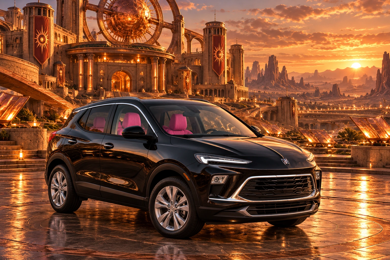 Stormy’s black Skydancer — 2025 Buick Encore GX. Black Buick at Solforge’s Copper Sundial. Fictional automotive artwork.