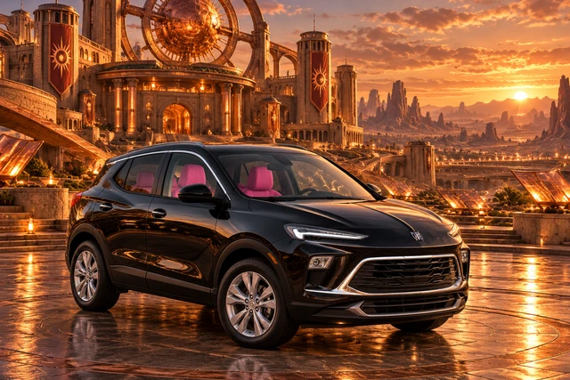 Stormy’s black Skydancer — 2025 Buick Encore GX. Black Buick at Solforge’s Copper Sundial. Fictional automotive artwork.