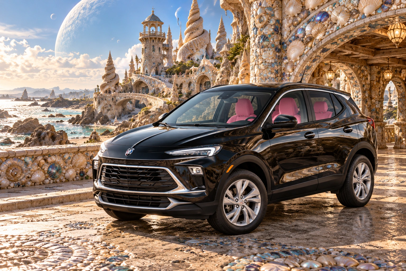 Stormy’s black Skydancer — 2025 Buick Encore GX. Black Buick at Tideshell Crown. Fictional automotive artwork.