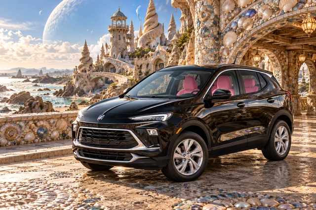 Stormy’s black Skydancer — 2025 Buick Encore GX. Black Buick at Tideshell Crown. Fictional automotive artwork.