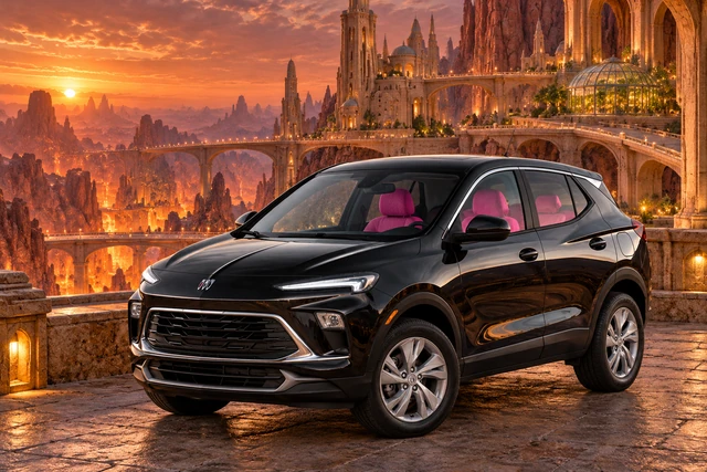 Stormy’s black Skydancer — 2025 Buick Encore GX. Black Buick beneath Spanlight Citadel. Fictional automotive artwork.