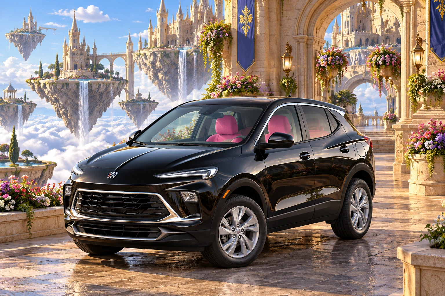 Stormy’s black Skydancer — 2025 Buick Encore GX. Buick at the Floating Sandcastle Keep. Fictional automotive artwork.
