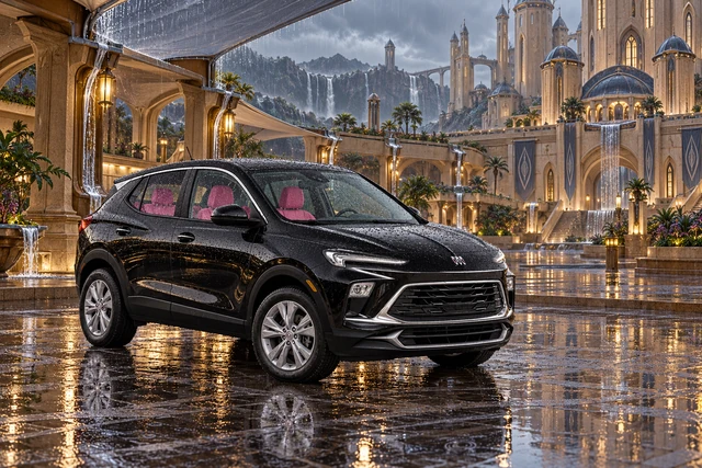 Stormy’s black Skydancer — 2025 Buick Encore GX. Black Buick at Raincatcher Court. Fictional automotive artwork.