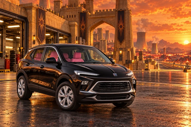 Stormy’s black Skydancer — 2025 Buick Encore GX. Pink-seated Buick at Ember Circuit Keep. Fictional automotive artwork.
