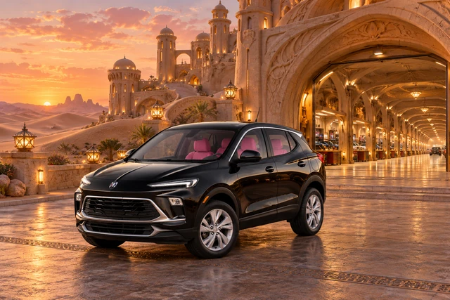 Stormy’s black Skydancer — 2025 Buick Encore GX. Black Buick at the Unending Garage. Fictional automotive artwork.