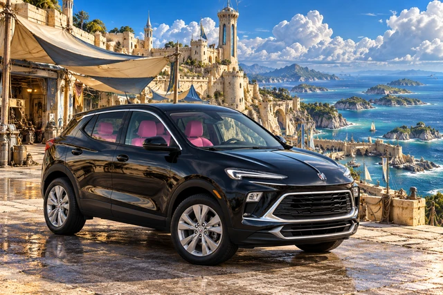 Stormy’s black Skydancer — 2025 Buick Encore GX. Black Buick at Pelagia’s Many-Harbor Bastion. Fictional automotive artwork.