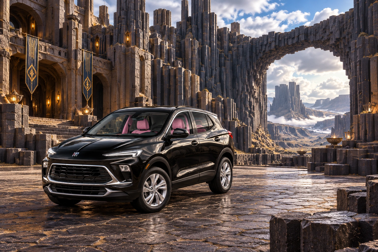 Stormy’s black Skydancer — 2025 Buick Encore GX. Black Buick at Basalt Gate. Fictional automotive artwork.