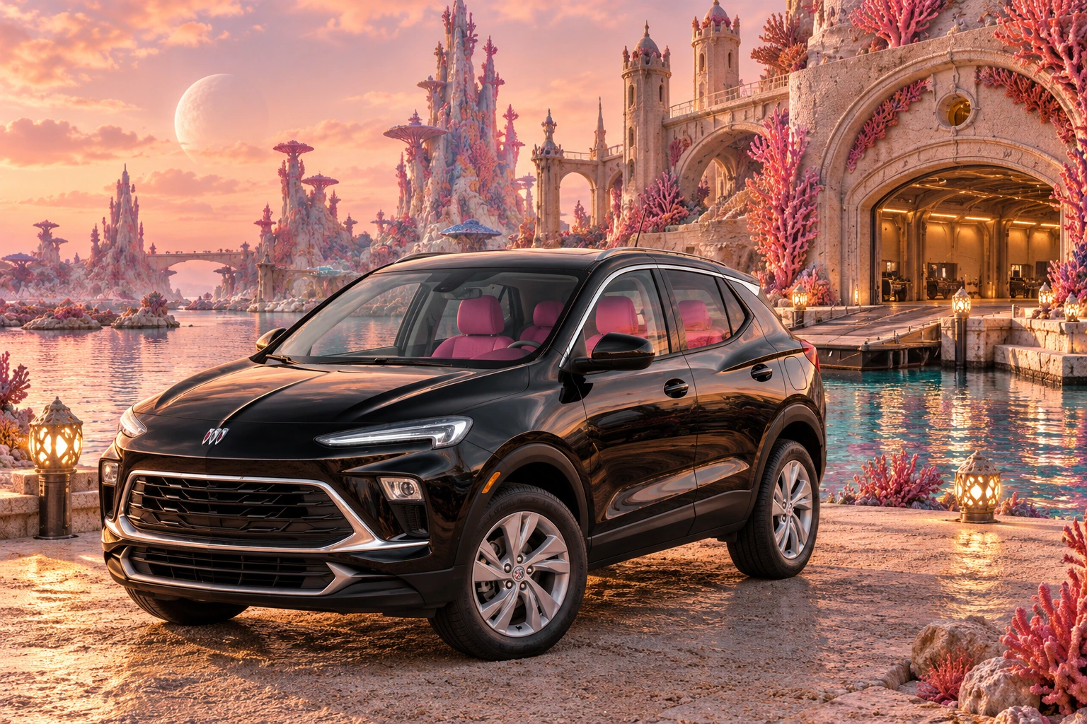 Stormy’s black Skydancer — 2025 Buick Encore GX. Black Buick at Coralune’s Sandkeep. Fictional automotive artwork.