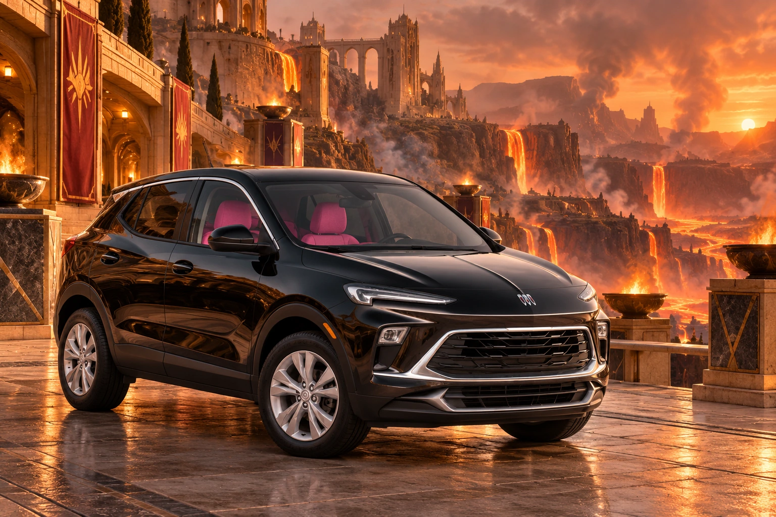 Stormy’s black Skydancer — 2025 Buick Encore GX. Black Buick at Emberveil Terrace. Fictional automotive artwork.