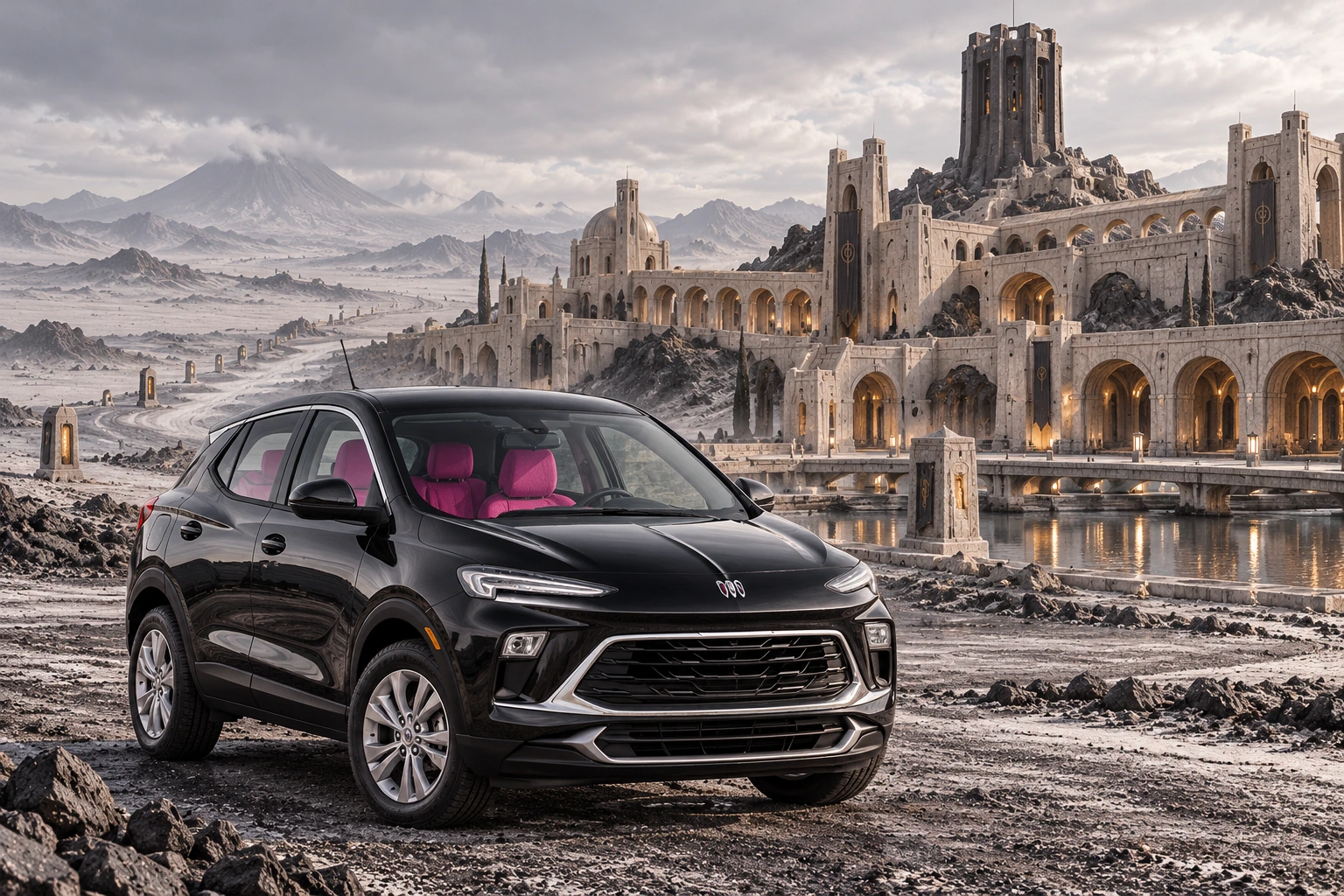 Stormy’s black Skydancer — 2025 Buick Encore GX. Black Buick beneath the Meridian Tower. Fictional automotive artwork.