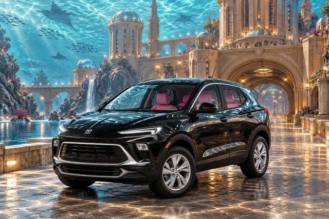 Stormy’s black Skydancer — 2025 Buick Encore GX. Black Buick Beneath Neridia’s Suspended Sea. Fictional automotive artwork.